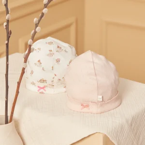2 bonnets de naissance écru et rose en coton