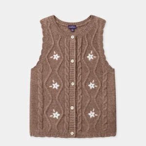 Cardigan marron avec broderie fleurs sans manches Fille