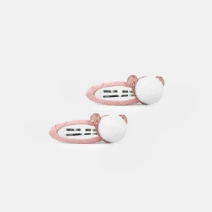 2 barrettes rose ponpom ourson Fille