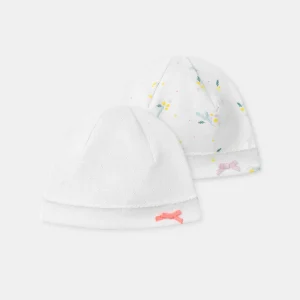 Lot de 2 bonnets écrus ou imprimé feuillages Naissance Fille