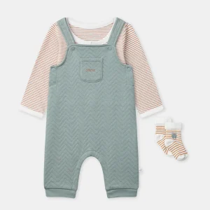 Ensemble salopette bleu grisée + body rayé + chaussettes Naissance Garçon