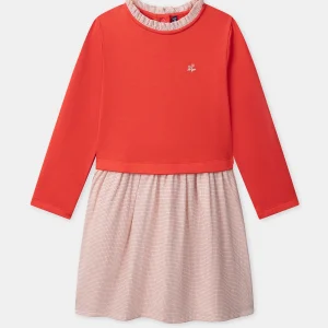 Robe bi-matière rose uni et à carreaux Fille