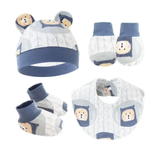 Ensemble Naissance Bébé 4 Pièces – Bonnet, Bavoir, Chaussons & Moufles