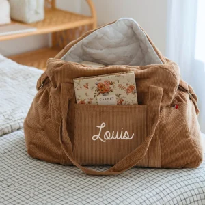 Sac de voyage bébé personnalisé – velours côtelé marron clair (fabrication française)